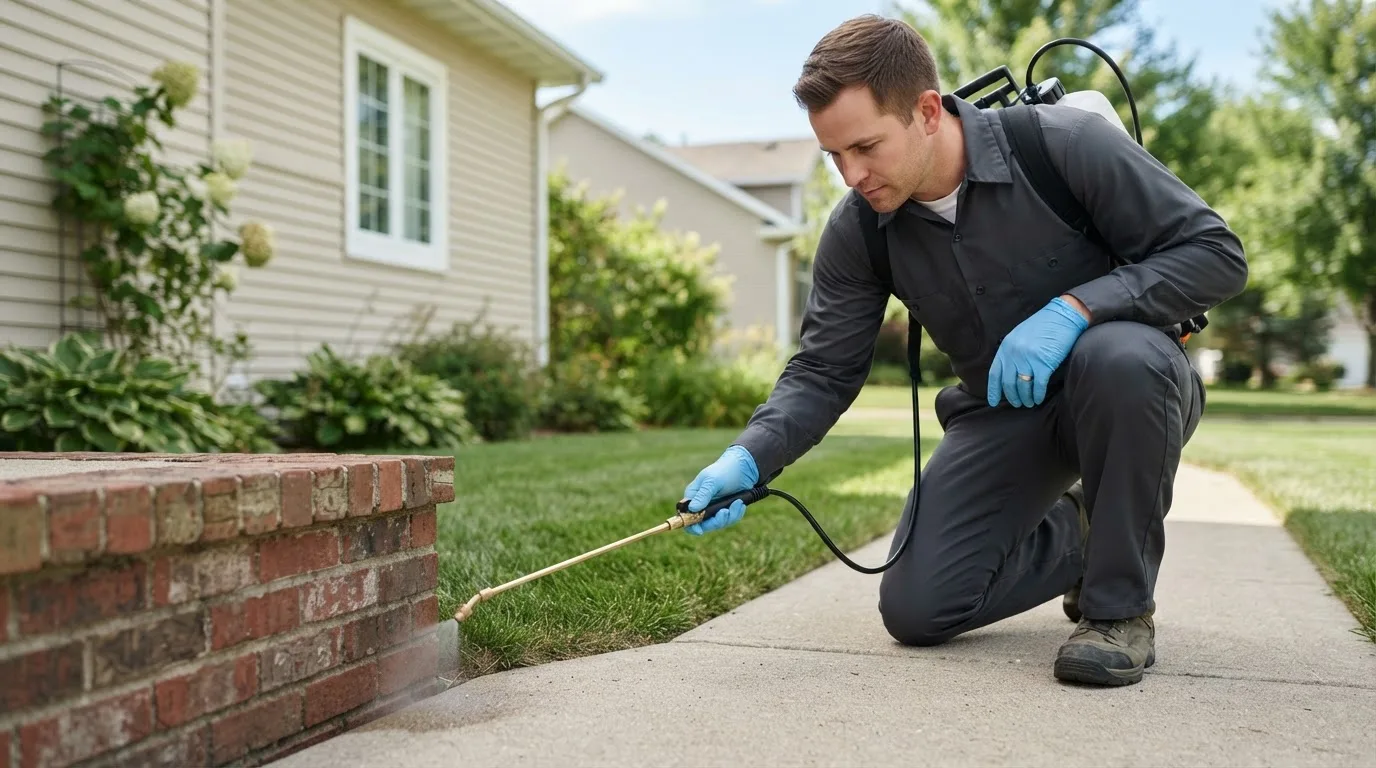 Pest control technician treating a home near Lucien, OK