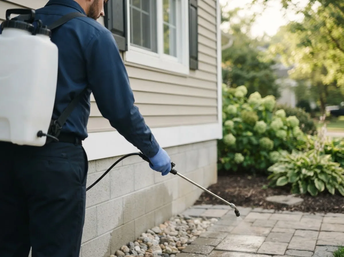 Pest control technician inspecting a home in Lucien, OK